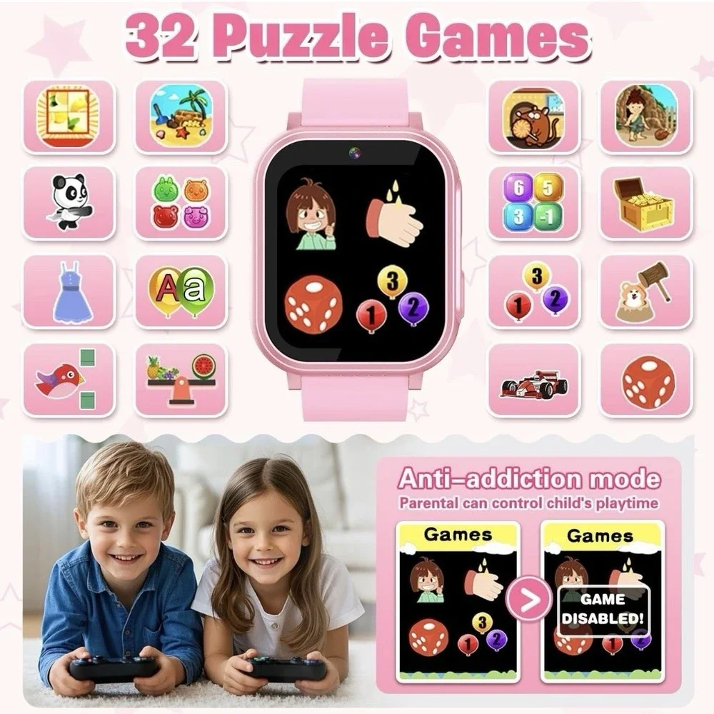Vakzovy Girls Pink Waterproof Kids Smart‎ Watch With Dual Camera, Music & Games